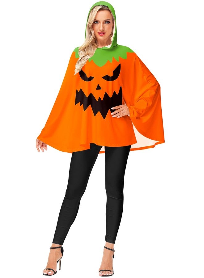AOBUTE Womens Pumpkin Poncho With Hood Halloween Scary Jack O Lantern Costume Orange - Image 2